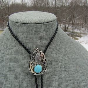 Snowy Owl Woods Witch Bolo Tie Necklace Black Braided Leathe